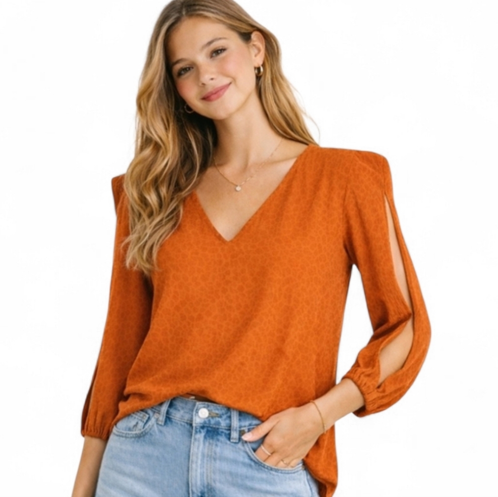 Animal Print Giraffe Burnt Orange Blouse Sharp Padded Shoulder V Neck Satin Sz.L